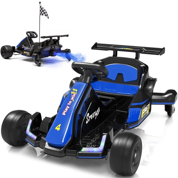 Conchico 12V Electric Drift Go Kart for Kids, Powered Ride on Toy Car with Rear Swivel Wheels, Water Spray Function, Cup Holder for Boys Girls Ages 3-8, Blue