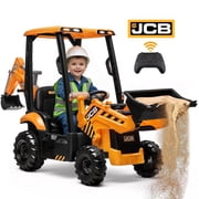 Conchico JCB Licensed 12V 4-in-1 Battery Powered Ride on Toy Excavator & Bulldozer w/ Remote, Loader Backhoe Digger, Yellow