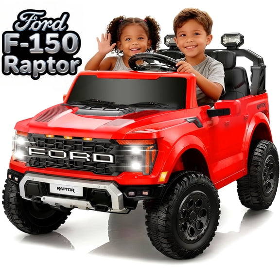Conchico 24V Licensed Ford F150 Raptor Battery Powered Ride on Truck w/ Remote, 2-Seater and Rear Trunk for Kids Gift, Red