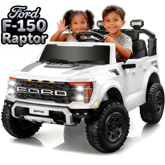 Conchico 24V Licensed Ford F150 Raptor Battery Powered Ride on Truck with Remote Control, 2-Seater and Rear Trunk for Kids Gift, White