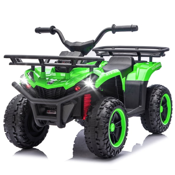 Conchico 24V Ride on ATV cars, 4 Wheeler Ride on Toys with Front and Rear Storage Racks, Electric Ride on Vehicles for Kids Aged 3-5, LED Lights, Power Display, Crash Bars, Bluetooth, MP3, Green