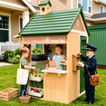 thumbnail image 1 of Conchico Outdoor Grocery Store Playhouse, Wooden Playhouse w/ Toy BBQ Grill, Toy Cash Register & Pretend Food Set For Summer Backyard, Green & Brown, 1 of 8