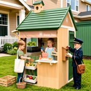 Conchico Outdoor Grocery Store Playhouse, Wooden Playhouse w/ Toy BBQ Grill, Toy Cash Register & Pretend Food Set For Summer Backyard, Green & Brown