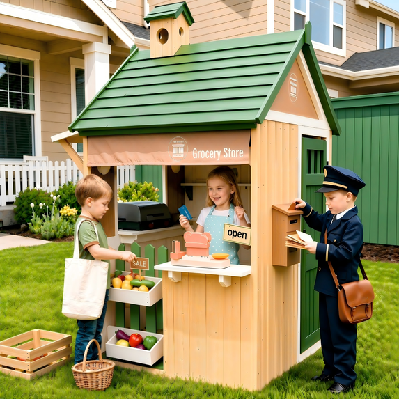 Conchico Outdoor Grocery Store Playhouse, Wooden Playhouse w/ Toy BBQ Grill, Toy Cash Register & Pretend Food Set For Summer Backyard, Green & Brown