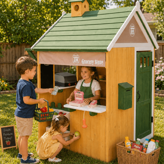 iYofe 2-IN-1 Grocery Store Outdoor Playhouse for Kids with Pretend Cash Register & BBQ Grill & Kitchen Playset , Green