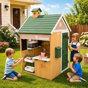 iYofe 2-IN-1 Grocery Store Outdoor Playhouse for Kids with Pretend Cash Register & BBQ Grill & Kitchen Playset , Green