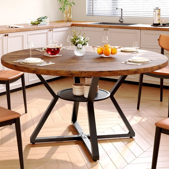 Concho 47" Round Dining Table - Space Saving Kitchen Dining Table for 4-6 People with Pedestal Metal Frame, Rustic Brown Wood Furniture