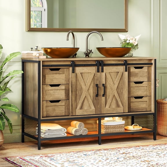 Concho 55'' Fluted Bathroom Vanity with Double Ceramic Sink, Modern Bathroom Sink Storage Cabinet with Engineered Marble Top & 4 Spacious Drawers, Freestanding Bathroom Vanity Cabinet, Natural Oak
