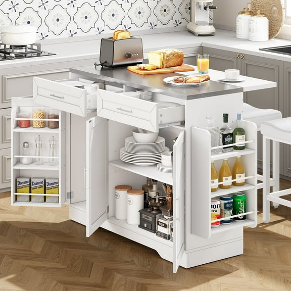 Concho 56" White Rolling Kitchen Island Cart with Seating, Stainless Steel Countertop, Folding Drop Leaf, Power Outlet & Spice/Towel Rack