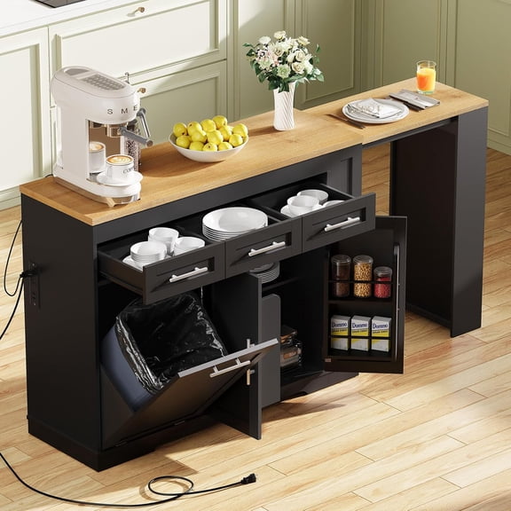 Concho 70" Extendable Kitchen Island with Dining Table - Rolling Cart on Wheels with Trash Can Storage, Power Outlet & Spice Rack, Black