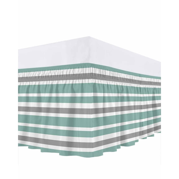 Concise Green Bed Skirt Queen Size 18" Drop Gray White Stripe Ruffled Wrap Around Bed Skirts Adjustable Elastic Bedskirt Dust Ruffle for Queen Size Bed