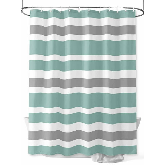 Concise Green Shower Curtain, Gray White Stripe Waterproof Shower Curtain Set with 12 Hooks Lightweight Washable Fabric Shower Curtains for Bathroom 60x72 Inches