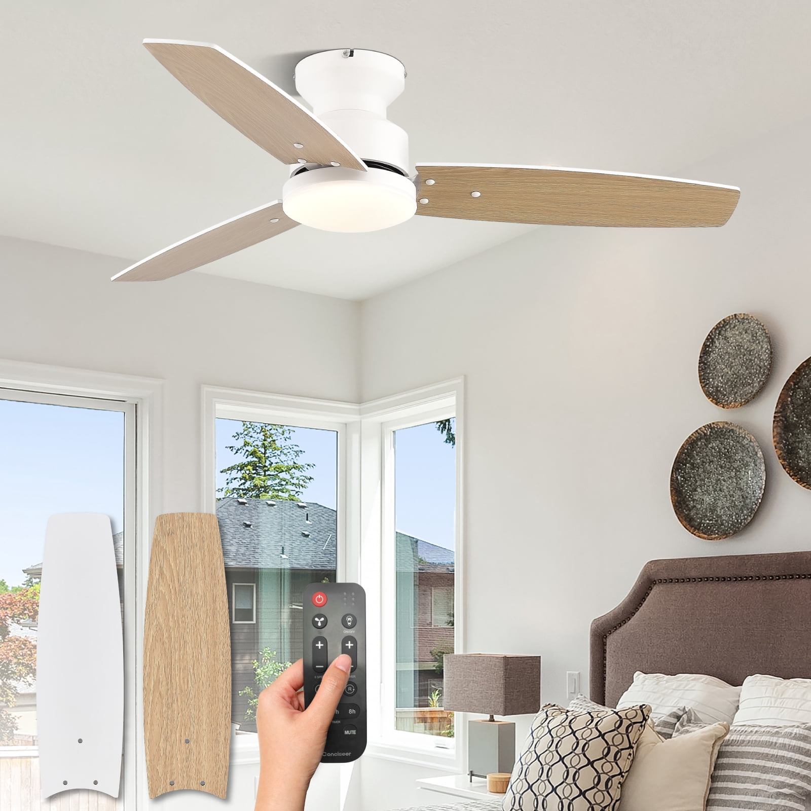 Conciseer 42 Inch Ceiling Fan with Light and Remote, Bedroom Living Room Office Outdoor, Flush Mount, 6CCT Dimmable, 3 Blades 6 Speed Reversible Quiet DC Motor, White/Wood Gr