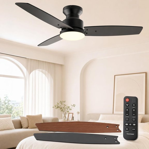 Conciseer Modern 42 Inch Ceiling Fans with Lights and Remote for Bedroom Office, Flush Mount, 18W 6CCT Dimmable, Dual Color 3 Blades 6 Speed FReversible Quiet DC Motor Black/Wood Grain