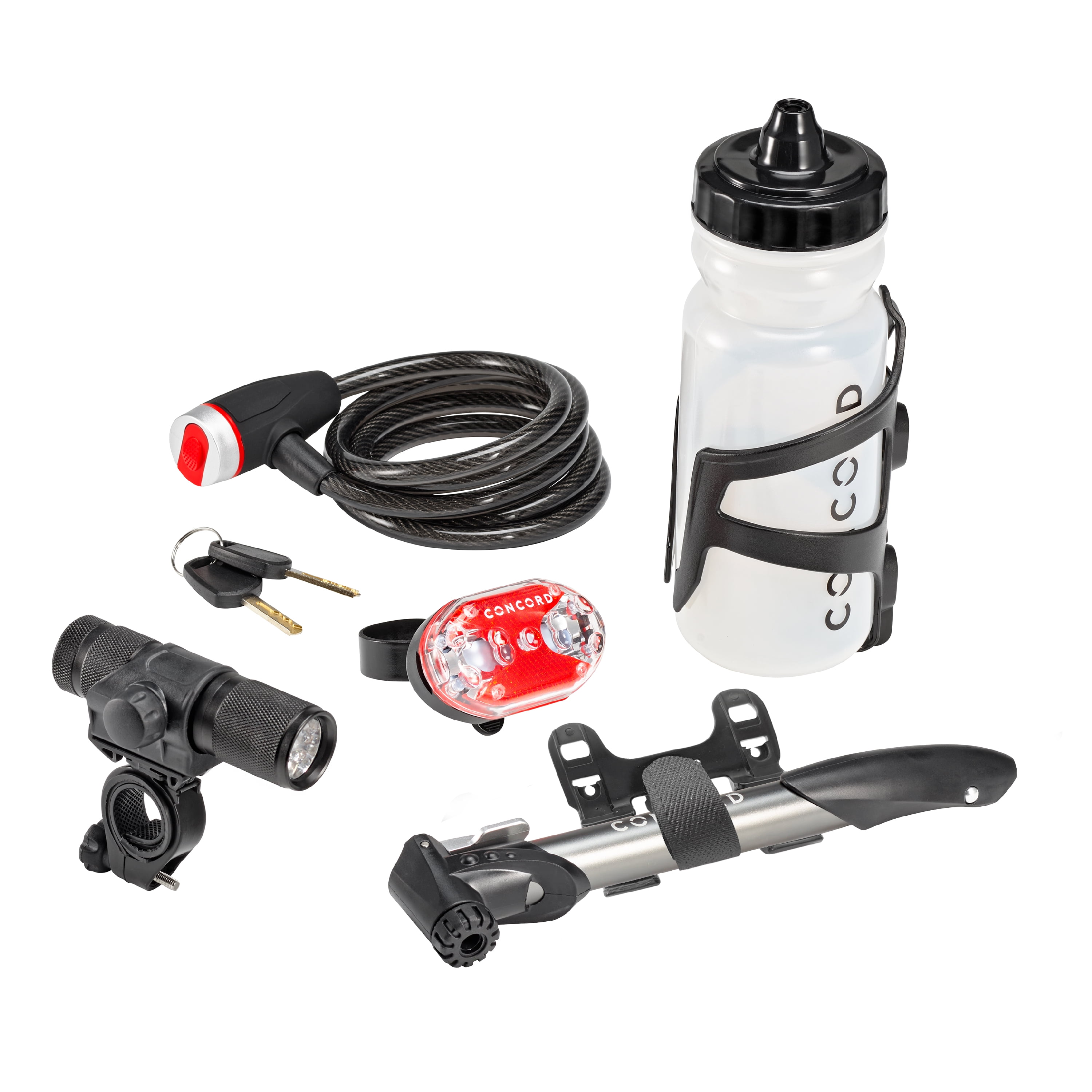 Concord Bike Accessories Essential Pack (Mini Pump, Lock, LED Light Set, Bottle, Cage), 6 Count