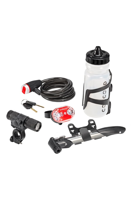 Concord Bike Accessories Essential Pack (Mini Pump, Lock, LED Light Set, Bottle, Cage), 6 Count