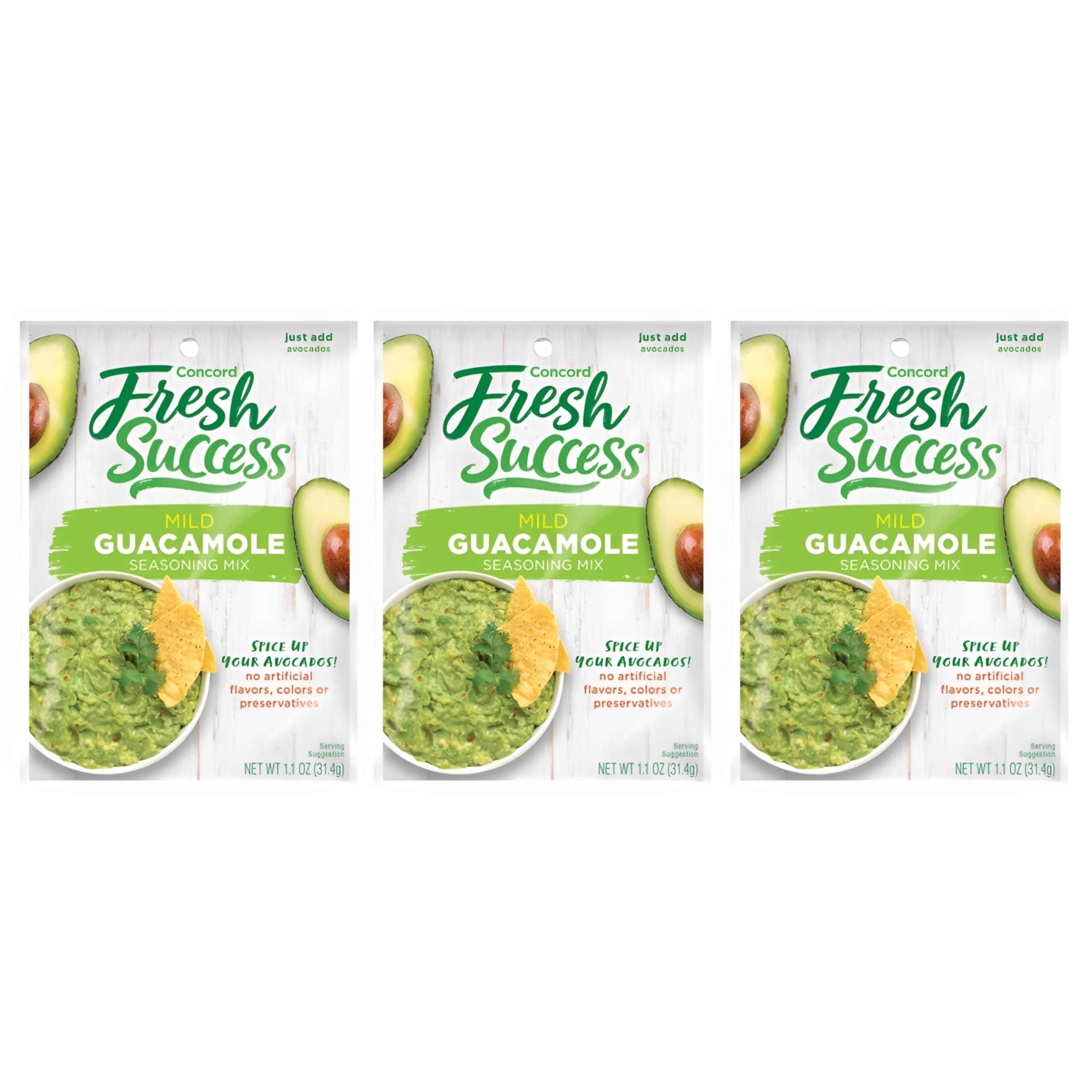 Concord Foods Classic Mild Guacamole Mix SMRAuthentic Flavor for Dips, Avocados, and Salsas with Natural Flavor and Easy Preparation - Perfect for Homemade Guacamole - 1.1 oz Packet Pack of 3