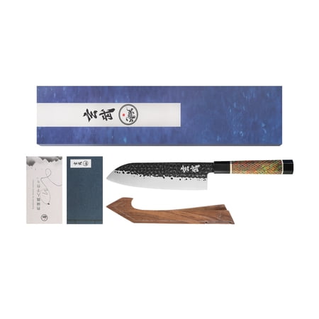 Concord Genbu Traditional Japanese Chef's Knife Raw Hammered Double Beveled 9CR18MOV Blade w/ 60 HRC. Tortoise Shell Resin Handle. Comes with Magnetic Magnolia Wood Sheath with Stand. (7" Santoku)