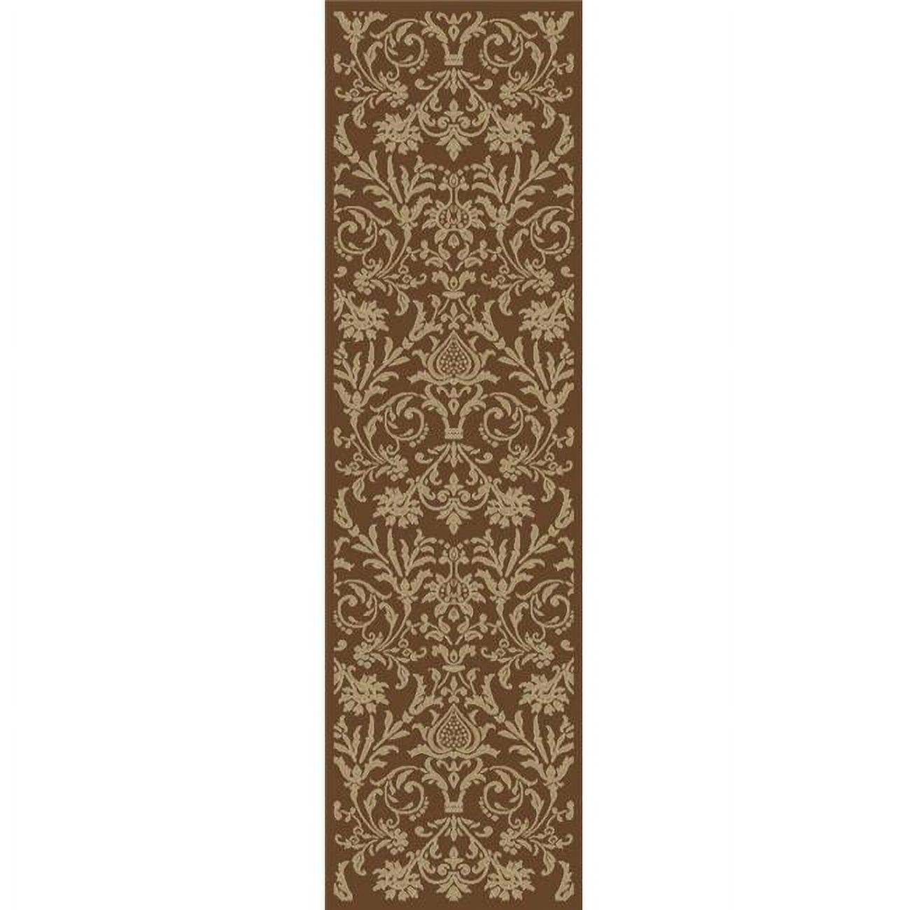 Brown Damask Pattern Medium Pile Runner Rug