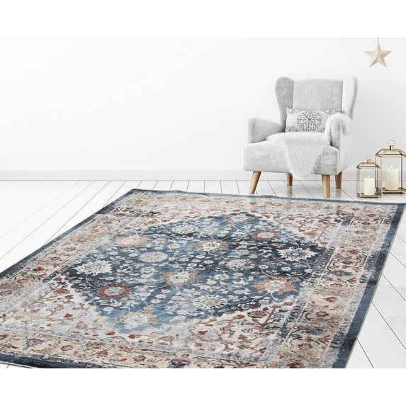 Concord Global Pandora Collection Royalty Area Rug Blue/Ivory/Paprika 2'3x7'3" 8' Runner Entryway