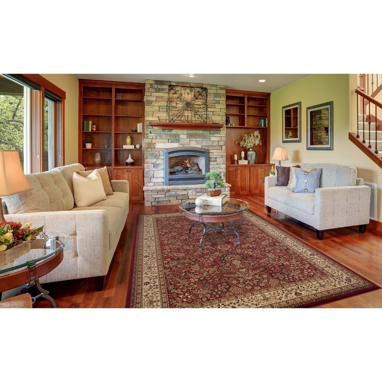 Large Red and Ivory Synthetic Persian Style Area Rug