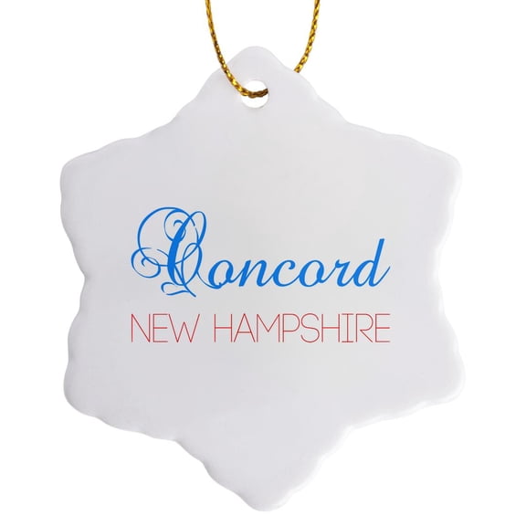 3drose, Concord, New Hampshire Blue, Red Text. Patriotic Usa Home Town Gift, 3 inch Snowflake Porcelain Ornament