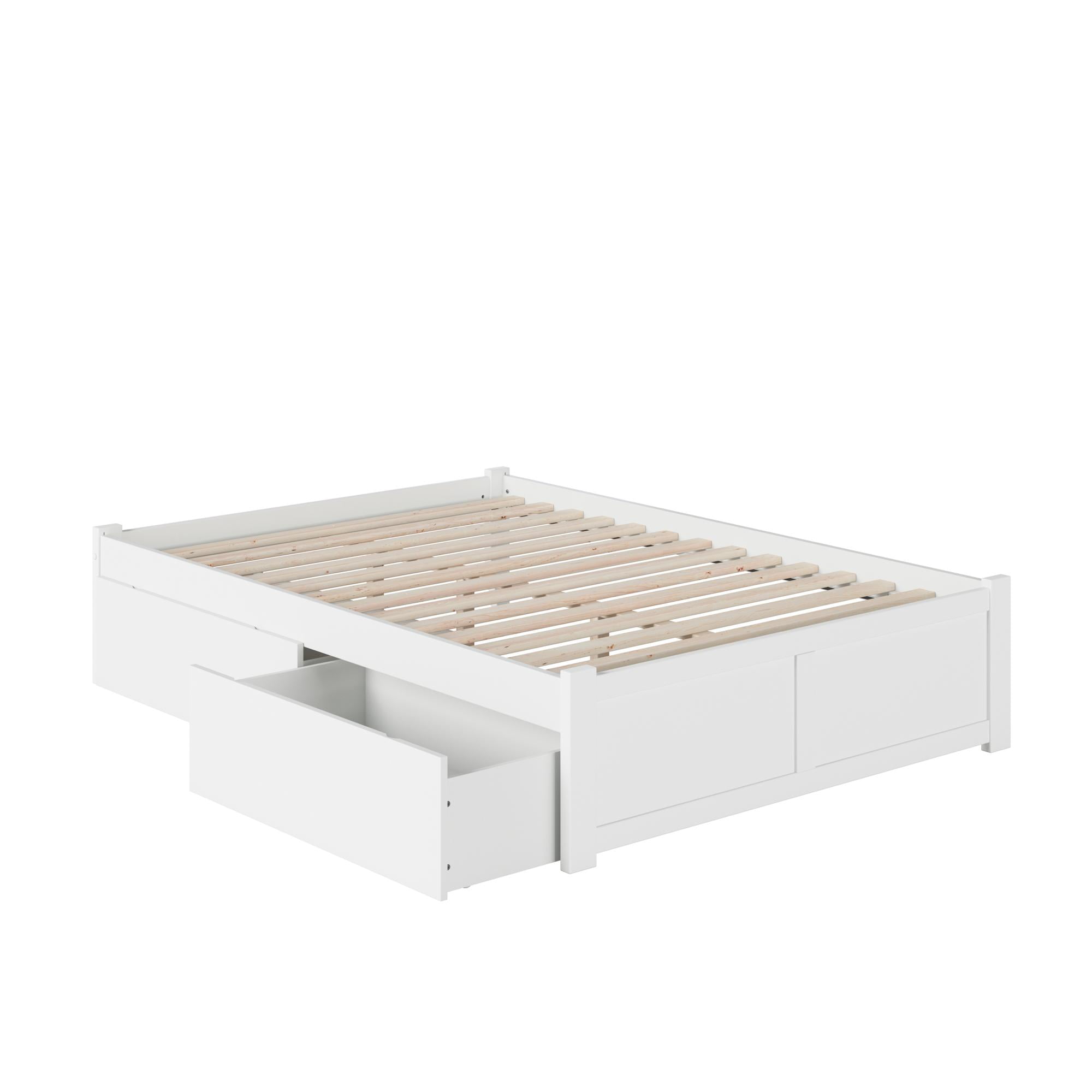 White Full Wood Platform Bed with Storage Drawers