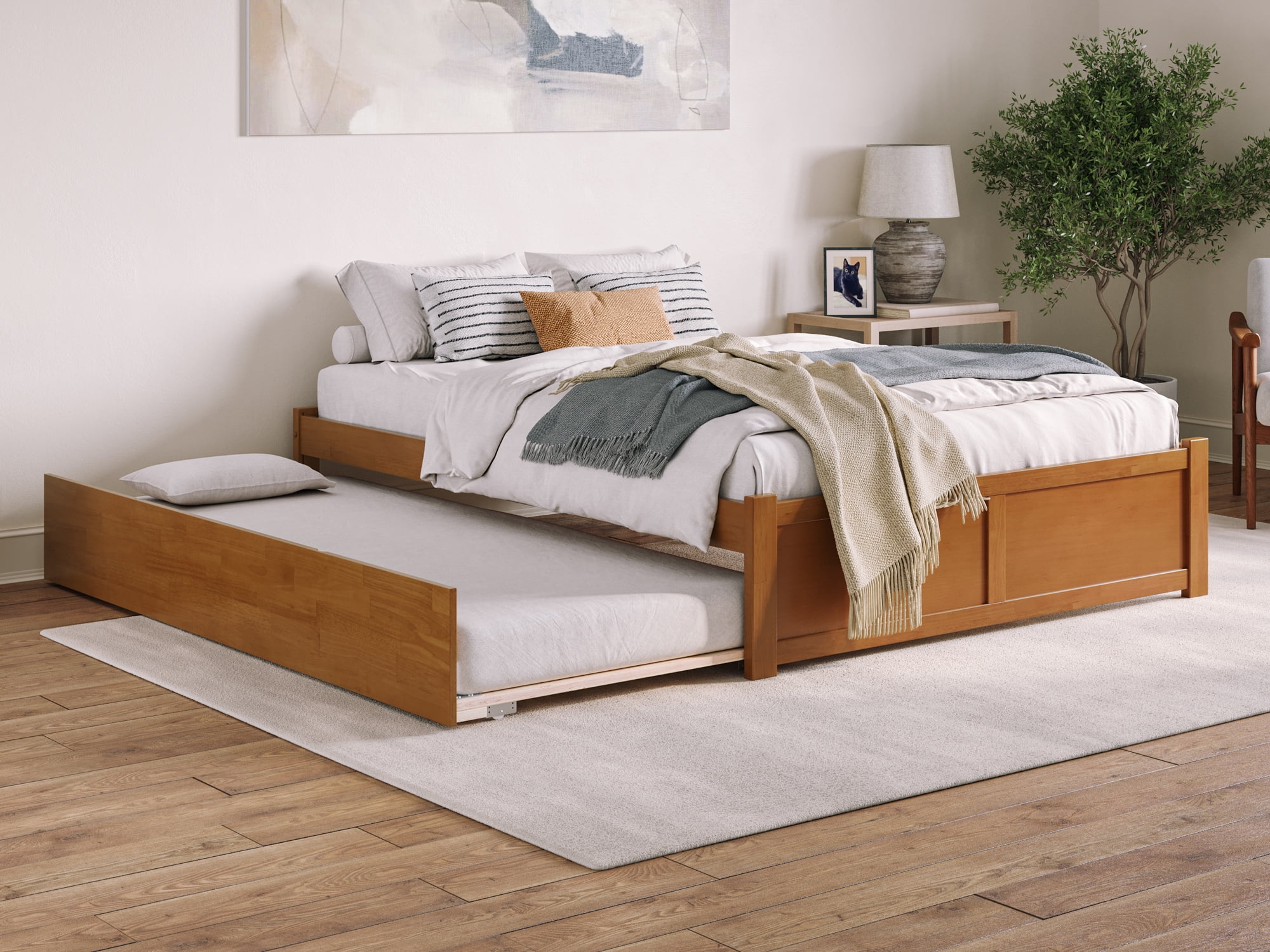 Light Toffee Queen Wood Platform Bed with Trundle and Slats