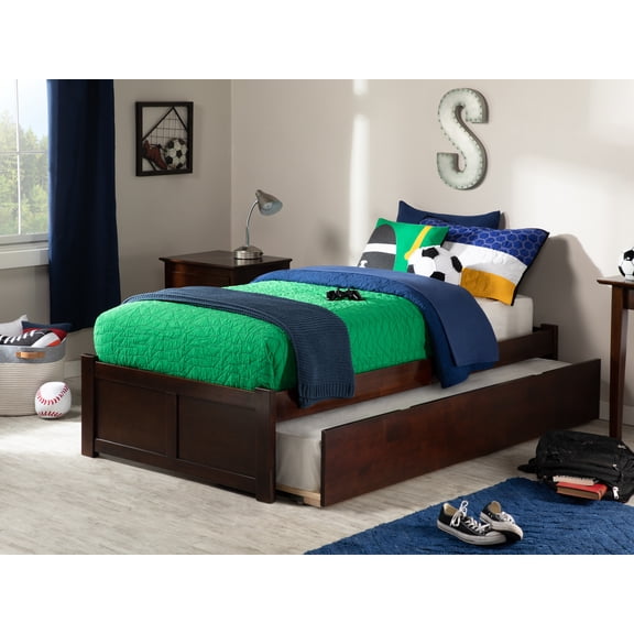 Concord Twin Platform Bed with Flat Panel Foot Board and Twin Size Urban Trundle Bed in Walnut