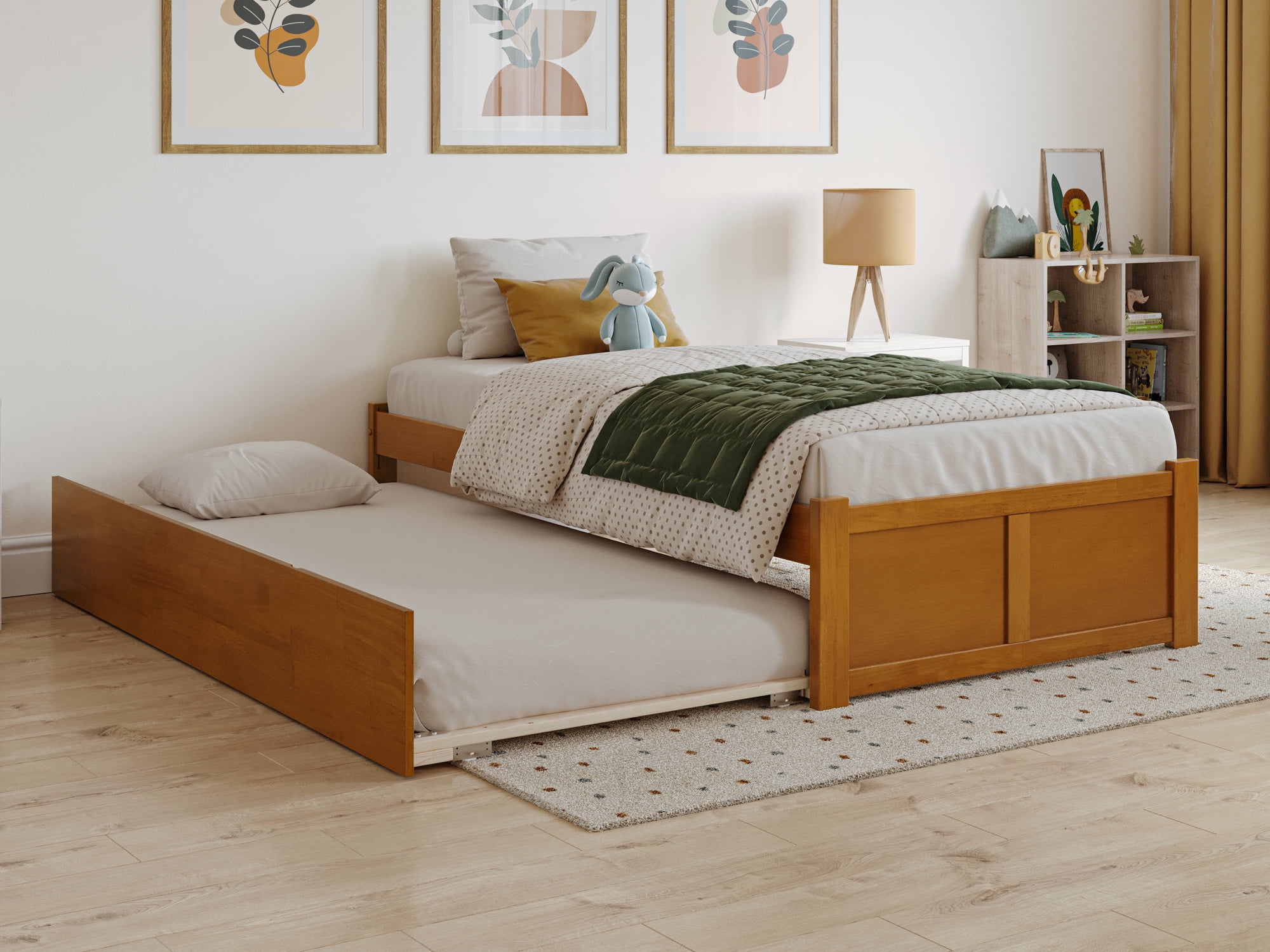 Light Toffee Twin Wood Platform Bed with Trundle and Slats