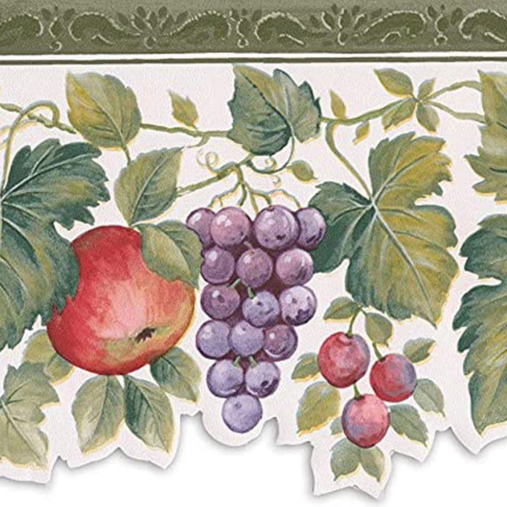 Concord Wallcoverings Beautiful Fruits Wallpaper Border with Apples Grapes Cherries Leaves, Colors Green Red White Purple, Perfect for Kitchen Restaurant, Size 6.75 Inches by 15 Feet Ks76859dc