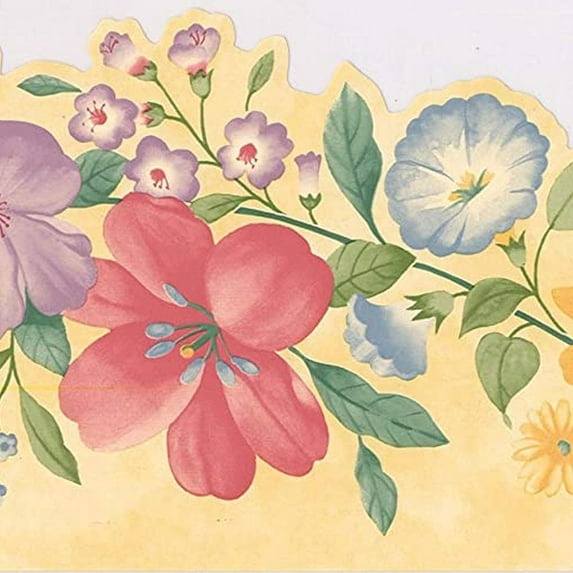Concord Wallcoverings Classic Floral Wallpaper Border Featuring Flowers Vine, Colors Beige Yellow Red Orange Violet Pink, Size 7 Inches by 15 Feet Die-Cut Edge, 5504312