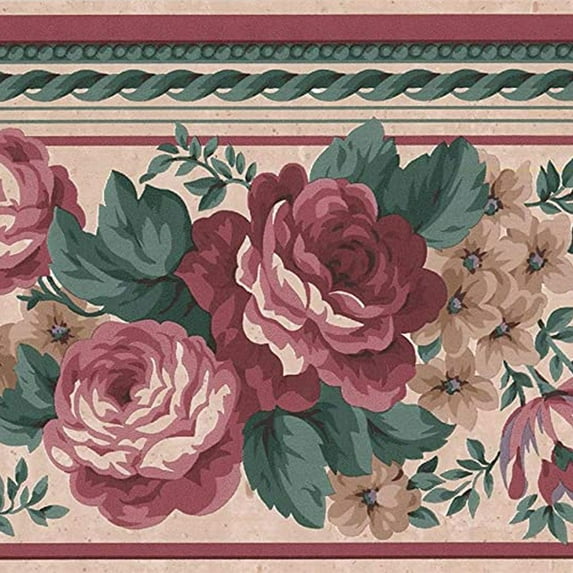 Concord Wallcoverings Classic Floral Wallpaper Border Pink Red Roses and Green Leaves on a Beige Background, Size 7 Inches by 15 Feet FR852B