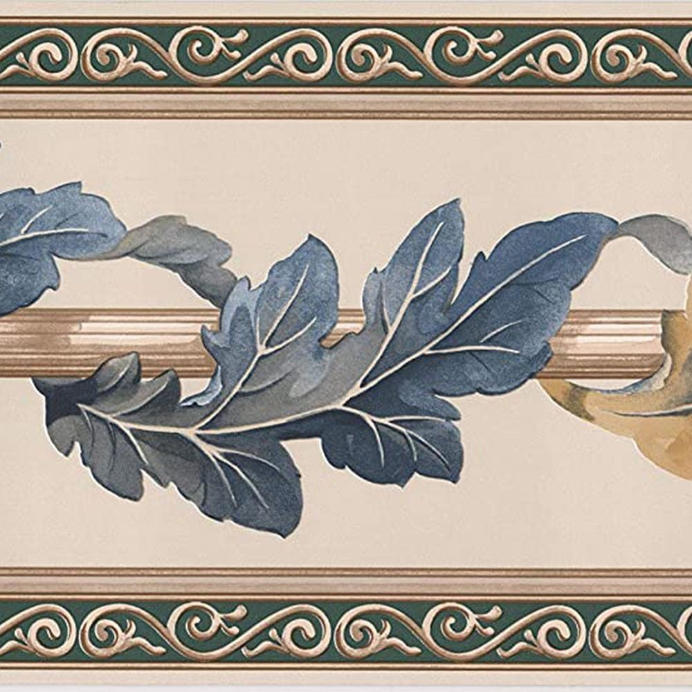 Concord Wallcoverings Classic Wallpaper Border Featuring Colorful Leaves Vine Pattern, Colors: Beige Green Brown Dark Navy, Applied Size 7 Inches by 15 Feet FX73815N