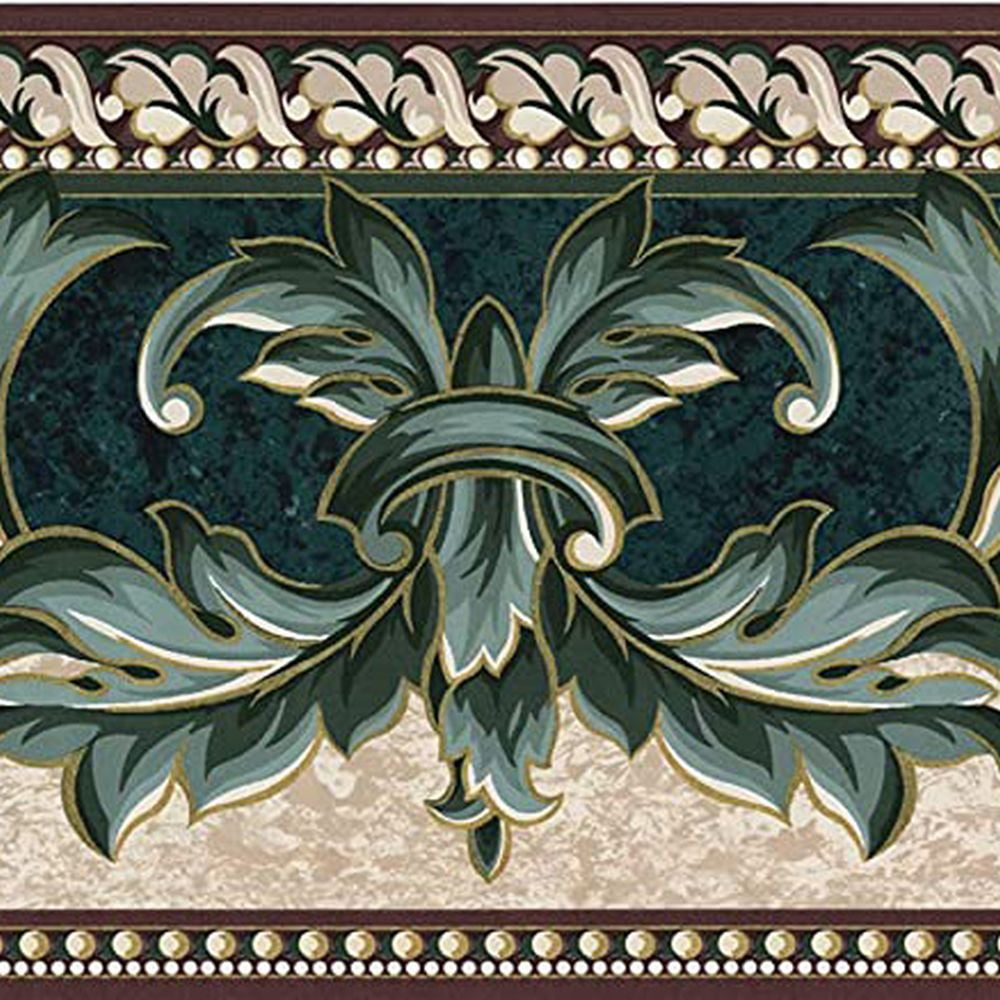 Concord Wallcoverings Damask Wallpaper Border Ornaments Design for Cottage, Dining Area and Bedroom, Green Brown Gold Beige, Size 7 Inches x 15 Feet FR941B