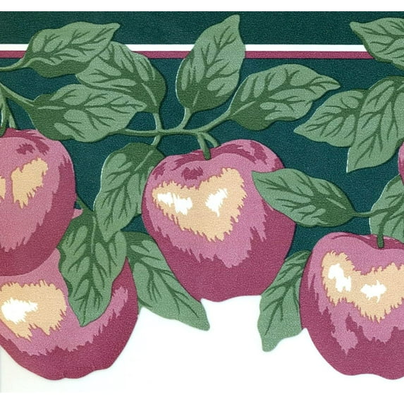 Concord Wallcoverings Decorative Wallpaper Border Fruit Pattern Cherry Apples, One Side Laser Cut for Kitchen Dining Area, Green White Pink, 5 Inch by 15 Feet 147908