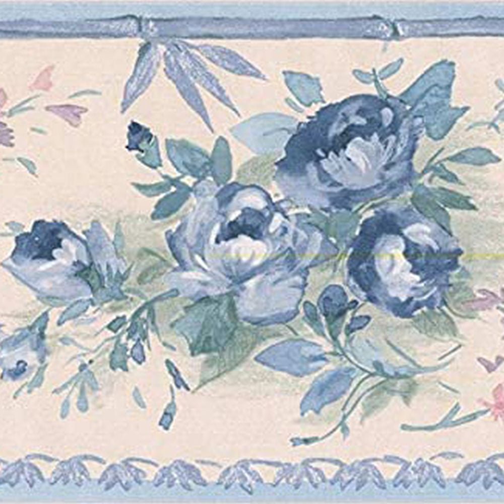 Concord Wallcoverings Elegant Blue Roses Wallpaper Border Featuring Vintage Flowers Colors, Blue Purple and Beige, Size 4.25 Inches by 15 Feet SA75781
