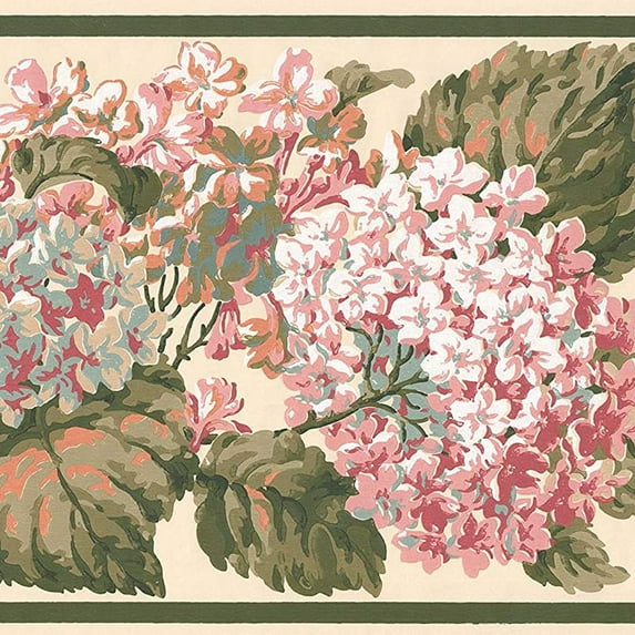 Concord Wallcoverings Elegant Rosy Flowers Wallpaper Border Featuring Plants Leaves on a White Background, Colors Beige Light Pink Green, Size 10.25 Inches by 15 Feet VT4638B