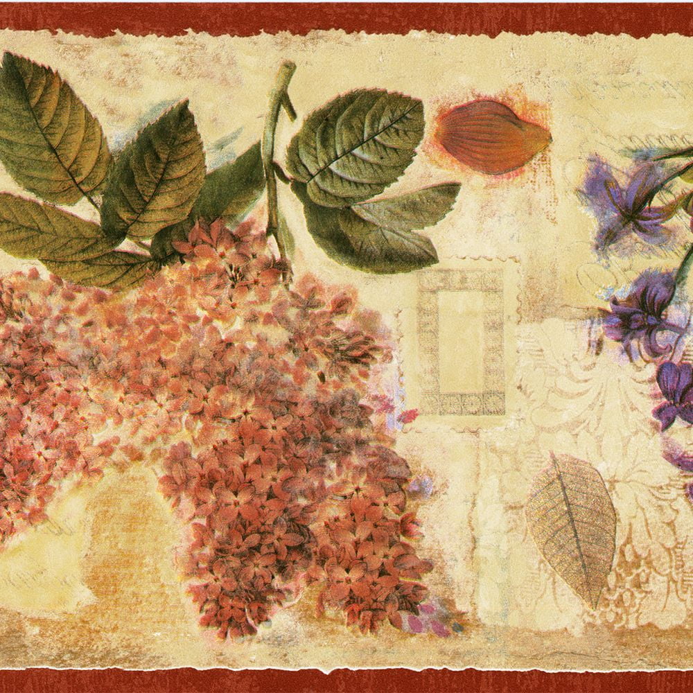 Concord Wallcoverings Floral Collage Wallpaper Border Featuring Hydrangeas and Violets, Colors Beige Pink Green, Size 7 Inches by 15 Feet DW30173
