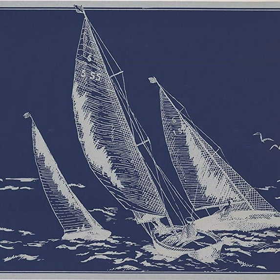 Concord Wallcoverings Nautical Style Wallpaper Border Featuring Yacht and Boats in The Ocean, Colors Blue and White, Size 9.125 Inches by 15 Feet HU6130B