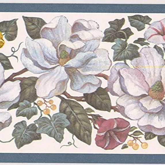 Concord Wallcoverings Prepasted Classic Floral Wallpaper Border Featuring White Blue and Pink Flowers, Size 5.25 Inches by 15 Feet CUP3391