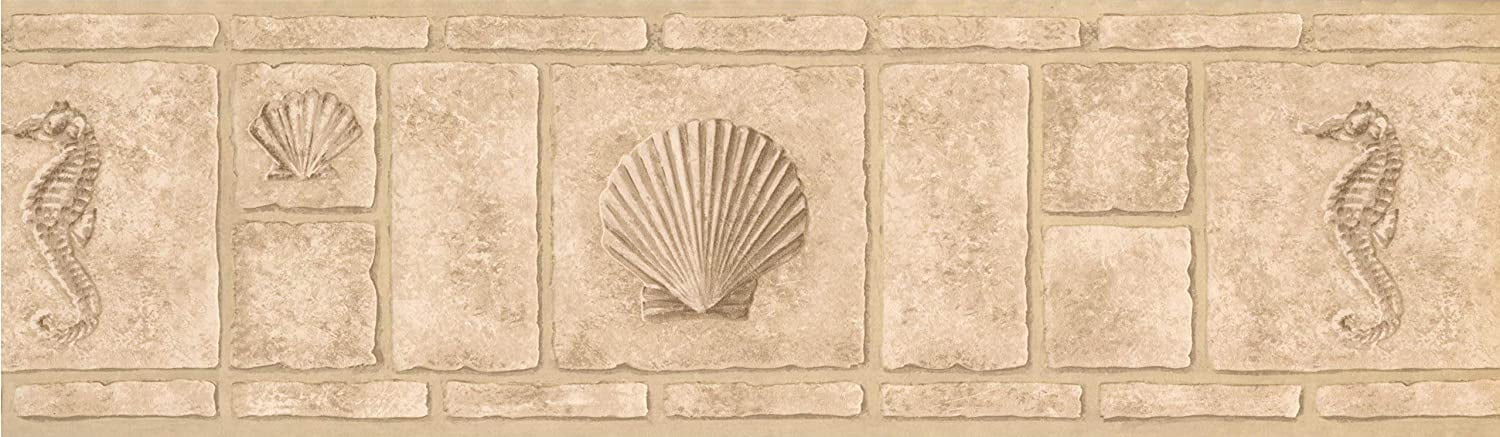 Concord Wallcoverings Prepasted Wallpaper Border Featuring Faux Bricks Pattern with Seahorse and Seashell Color Beige Size 7 Inch by 15 ft MKB5094