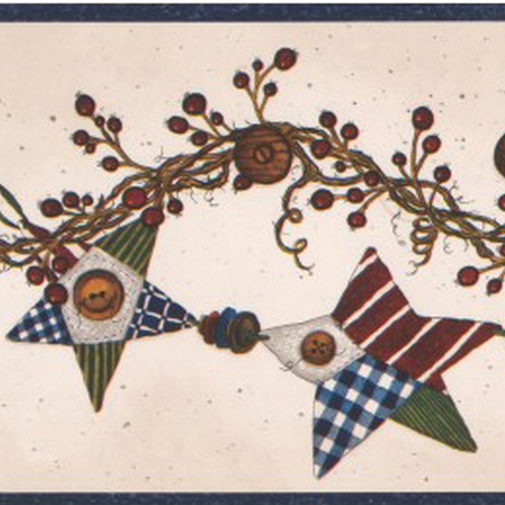 Concord Wallcoverings Prepasted Wallpaper Border Quilted Stars Buttons and Berries, Colors Beige Red Green, Size 5 Inches by 15 Feet FAM65011B