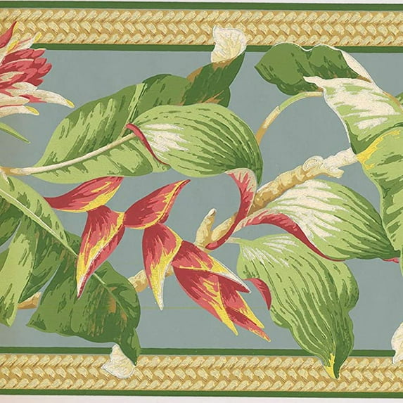 Concord Wallcoverings Retro Tropical Landscape Wallpaper Border Featuring Flowers and Big Leaves on a Baby Blue Background, Colors Blue Green Pink, Size 9 Inches by 15 Feet NG8058B