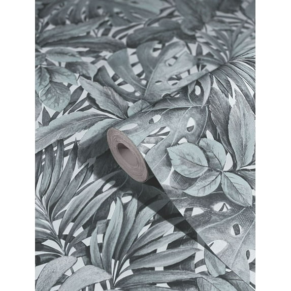 Concord Wallcoverings Textured Wallpaper Botanical jungle Leaves, Blue Grey Silver Brown White, 21 In x 33 Ft (56 sq. ft), 33306