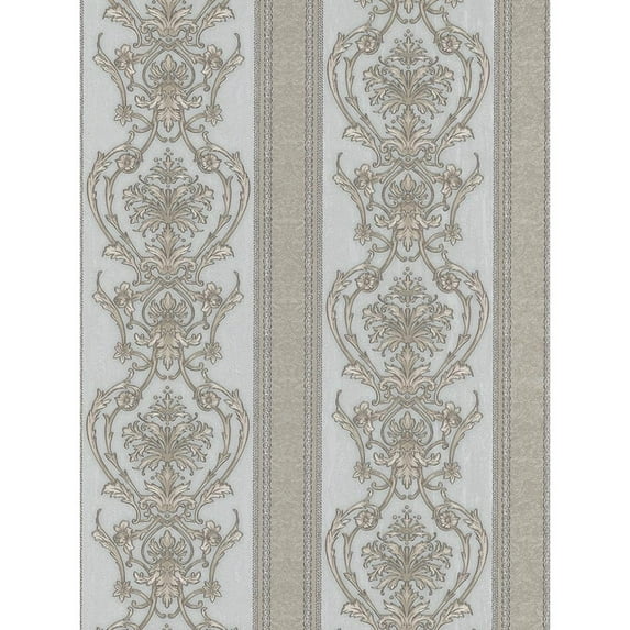 Concord Wallcoverings Textured Wallpaper Classic Featuring Damask Ornament Stripes, Silver Gray, 21 In x 33 Ft (56 sq. ft), 578229
