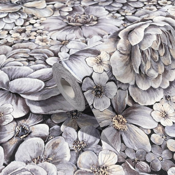 Concord Wallcoverings Textured Wallpaper Floral Flowers Peonies, Purple Lilac Taupe Cream, 21 In x 33 Ft (56 sq. ft), 33955