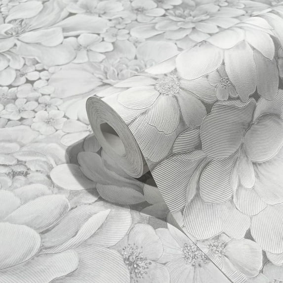 Concord Wallcoverings Textured Wallpaper Floral Flowers Peonies, White Grey Silver, 21 In x 33 Ft (56 sq. ft), 33952