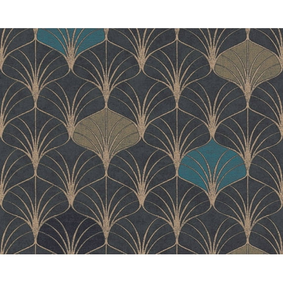 Concord Wallcoverings Textured Wallpaper Vintage Art Deco Pattern, Black Blue Gold, 21 In x 33 Ft (56 sq. ft), 374833