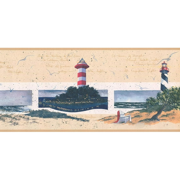 Concord Wallcoverings Thematic Nautical Wallpaper Border Featuring Seashore Lighthouses and Muskoka Chair, Colors Beige Grey Blue Red, Size 9 Inches by 15 Feet KR2581B